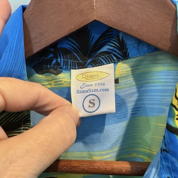 Rima Hawaiian Shirt Men Small Blue Aruba One Happy Island Beach Sunset Vacation - Picture 2 of 11